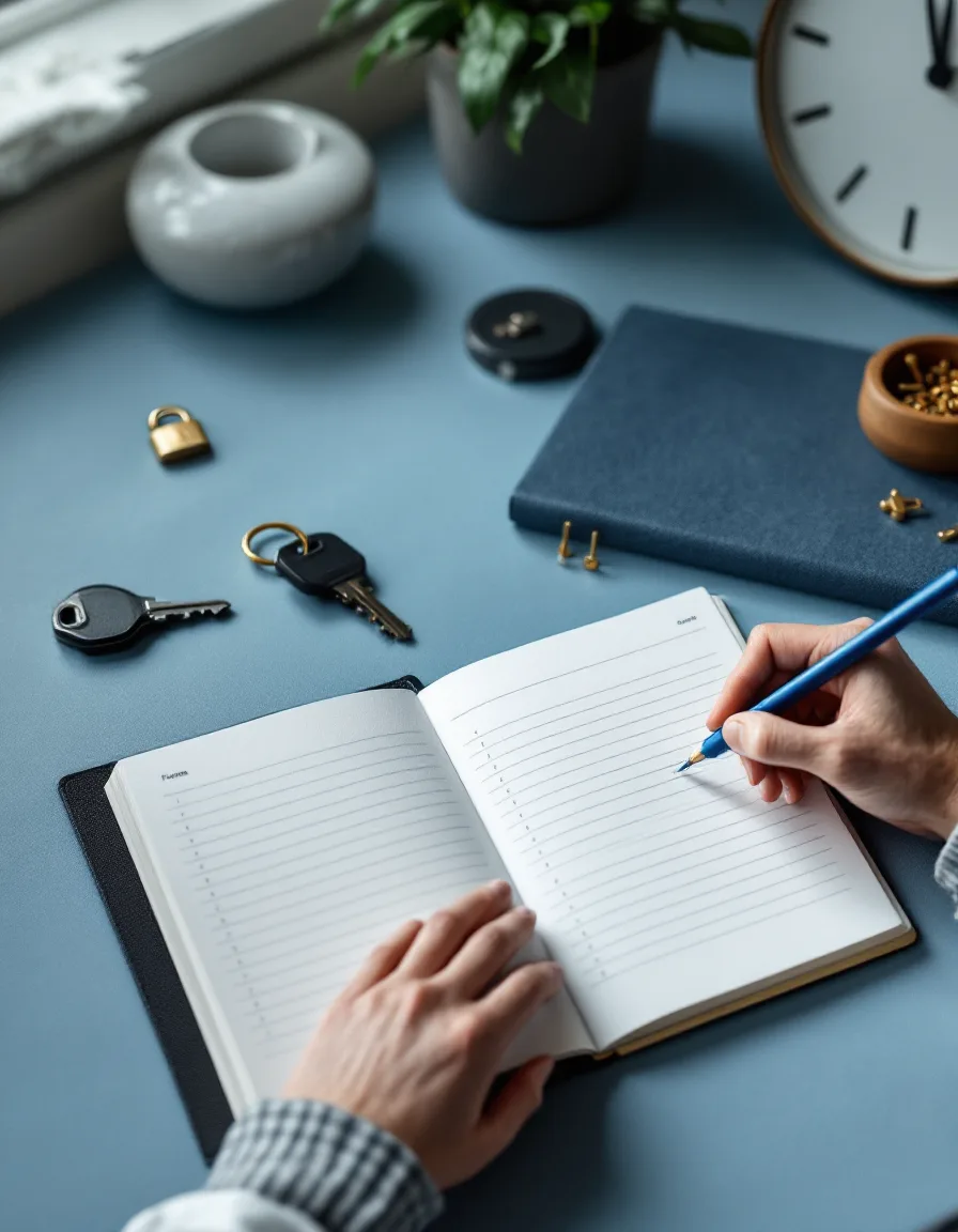 A hand writing findings in a navy folio with a blue pencil, beside a hardware security key and a tray of brass lock pins