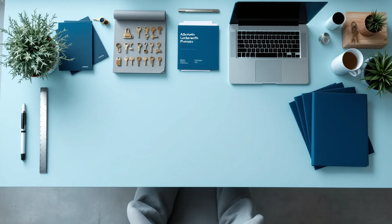 A pale blue workbench seen from above with a laptop, a grid of brass key blanks, files, folders and a printed fee card