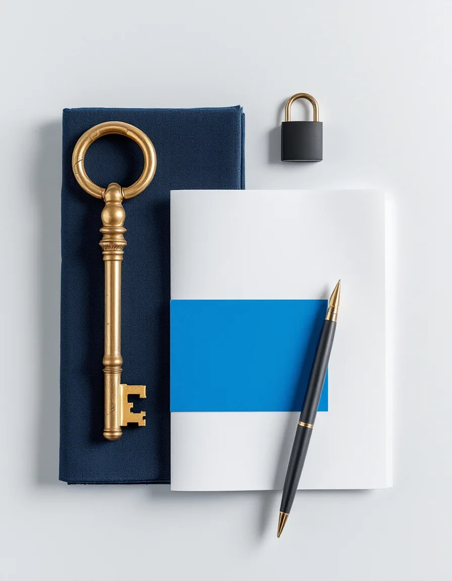 Overhead flat-lay: an antique brass key beside a modern hardware security key, a small padlock and a signed scope letter on pale blue paper